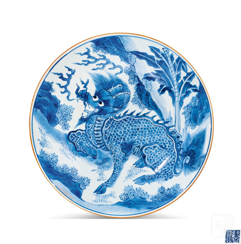 清顺治 青花麒麟芭蕉纹大盘 - 图1